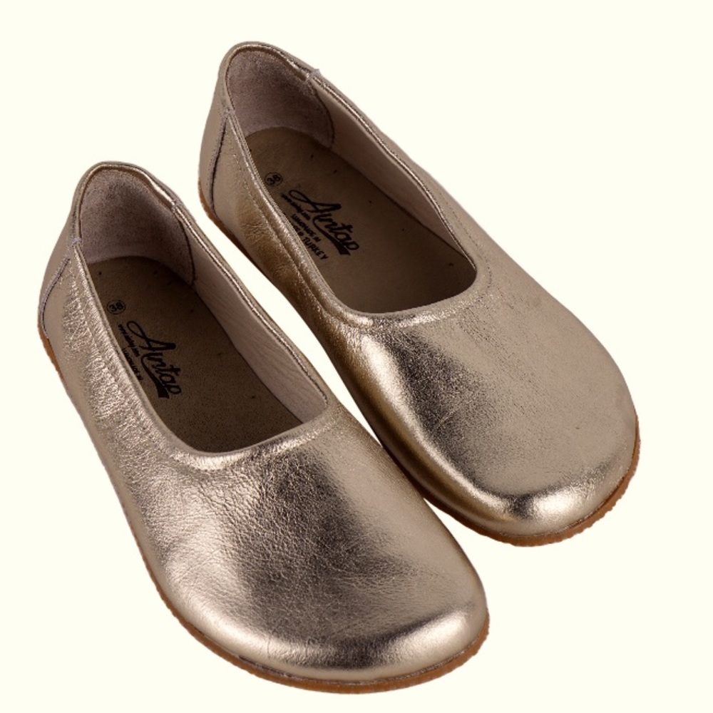 Ballerina flat Barefoot Zero Drop GOLD Leather, Handmade, 5 mm rubber sole
